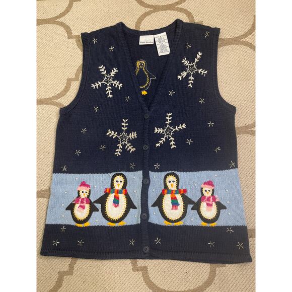 Bobbie Brooks navy button front embroidered penguins sweater vest, size small - Picture 1 of 9
